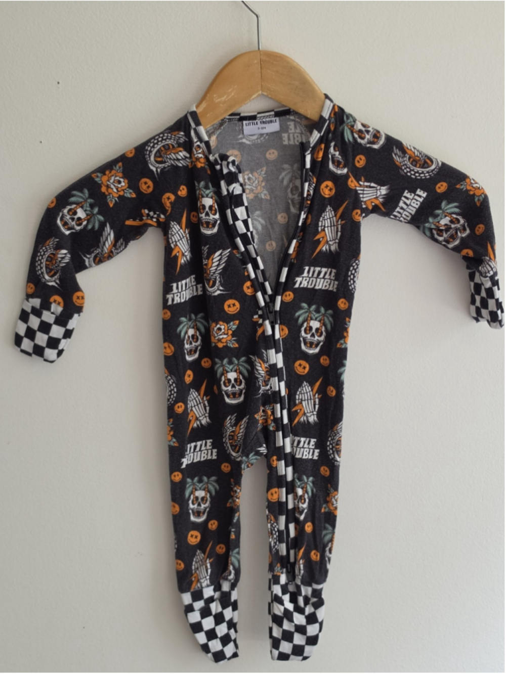 Little Trouble Skull Checkered Bamboo Viscose Zipper Pajamas Romper Sleeper